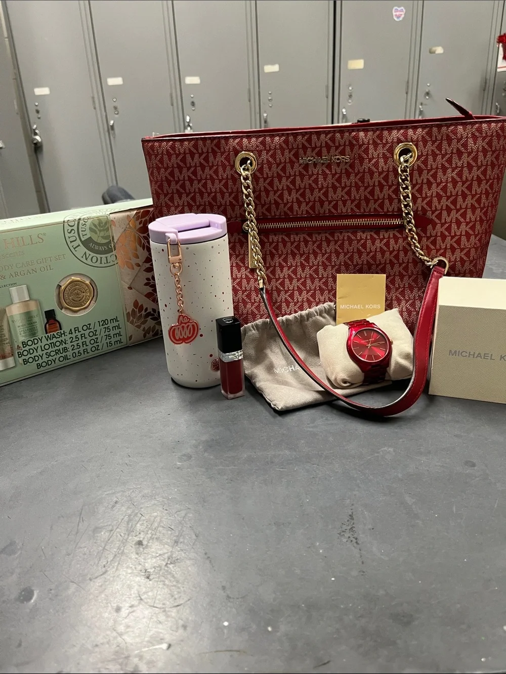 EUC NWOT NWT Michael Kors Red Logo-Print Chain-Strap Tote MK Watch Bundle 5 item